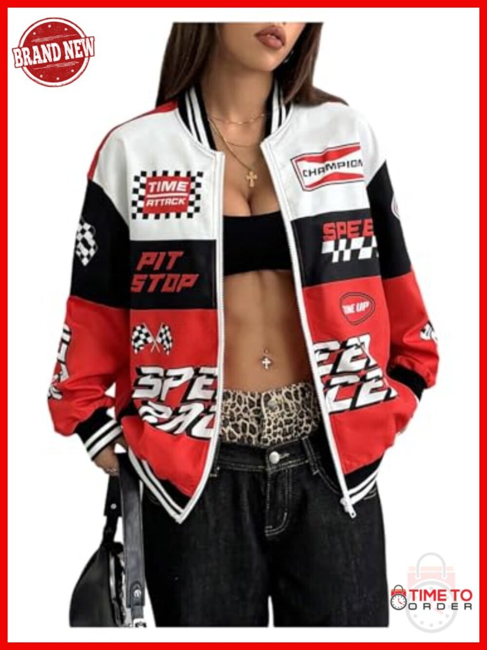 Y2K Varsity Jacket Racing Bomber Letterman Jacket Zip Up Oversized Letter
